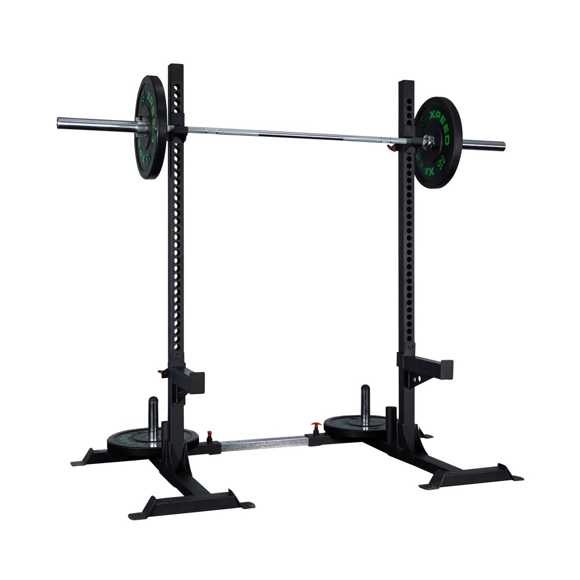 an adjustable squat stand with a barbell and plates