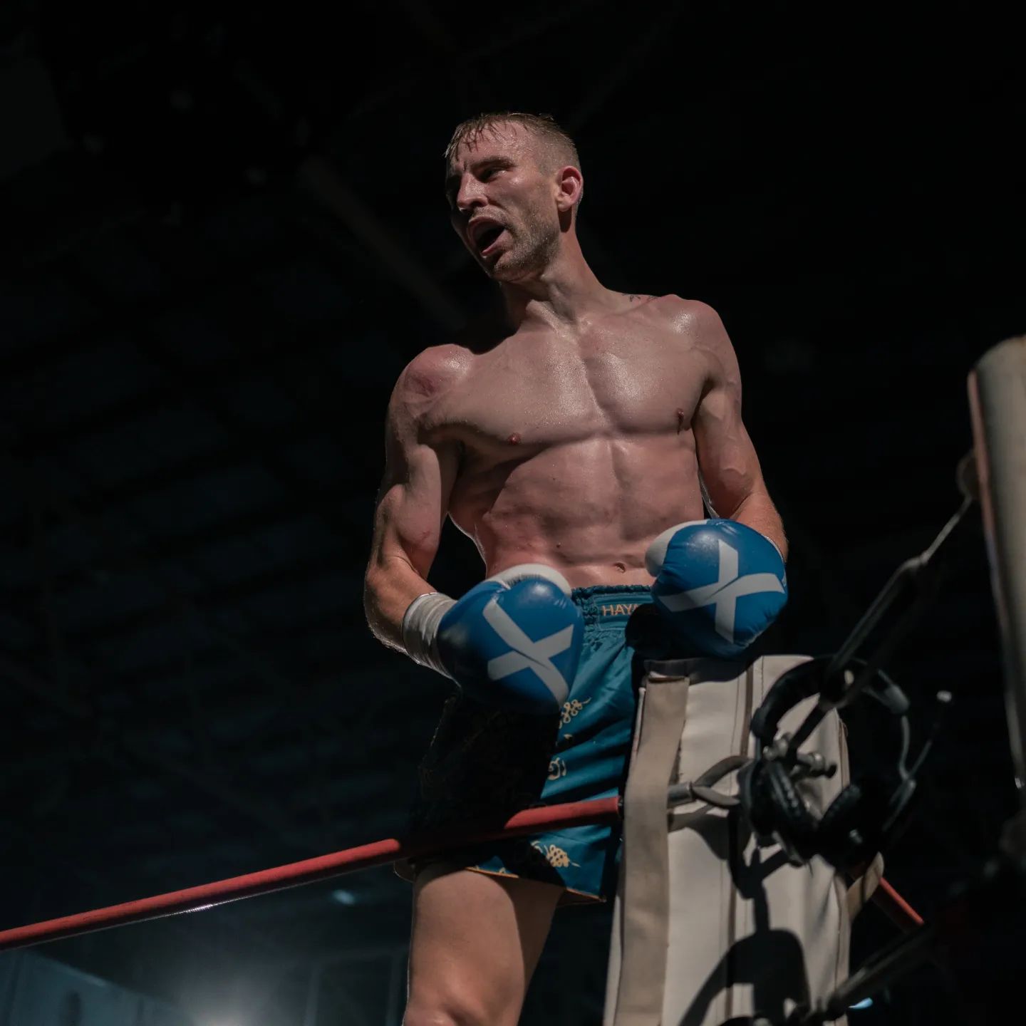 Muay Thai Fighter Matty Stevs celebrates his win in Xpeed boxing gloves