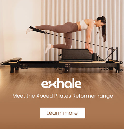 Woman using a Pilates reformer with 'exhale' branding and text about the Xpeed Pilates Reformer range.
