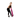 A woman in a black athletic outfit holds a bright pink resistance fabric stretch band against a clean white background.