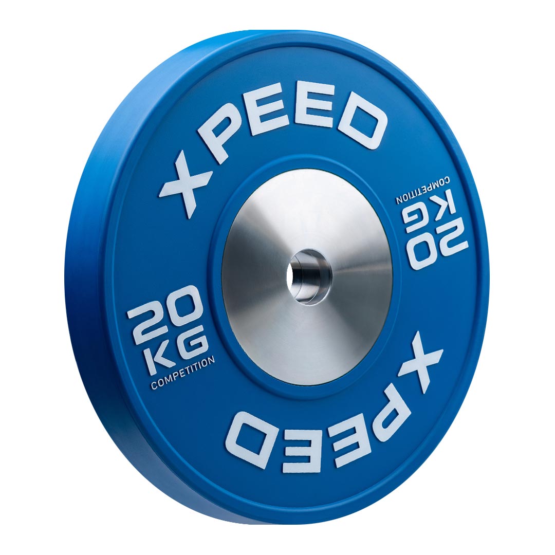 A blue 20kg competition Bumper plate by Xpeed
